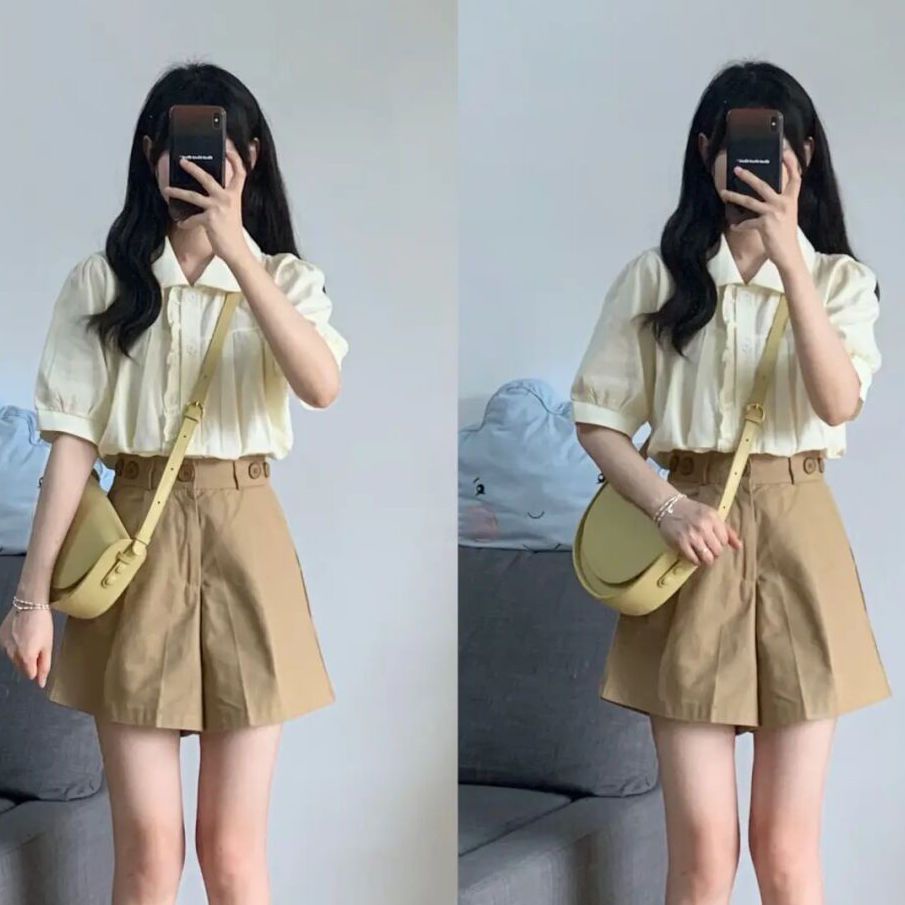 Set Áo Sơ Mi Tay Ngắn Phồng + Quần Short Kaki Phong Cách Preppy Thời Trang Mùa Hè Mới Cho Nữ