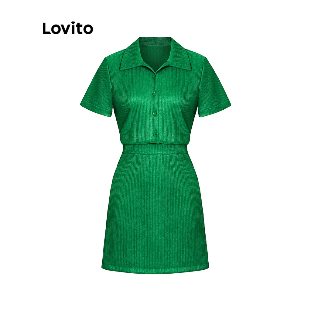 Lovito Set váy nữ tay ngắn eo cao có cổ trơn giản dị cài nút L37LD042 (Màu xanh lá)