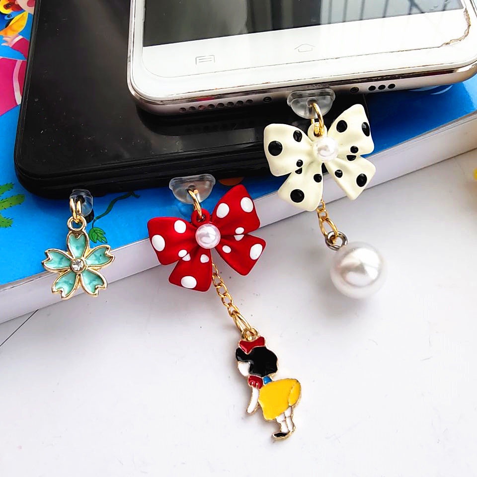 Nút Cắm Chống Bụi Kiểu Nơ Đính Ngọc Trai Dễ Thương Cho Điện Thoại Di Động