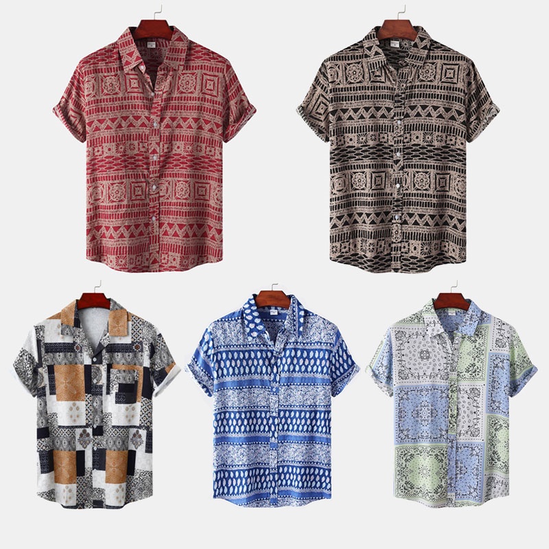 Áo Sơ Mi Nam Tay Ngắn Dáng Rộng In Họa Tiết Hoa Phong Cách Retro Màu Đỏ / Xanh Dương / Kaki / Đen
