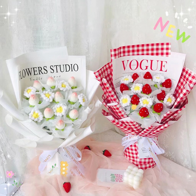 Bó Hoa Dâu Giả Đan Móc Thủ Công Dùng Làm Quà Tặng Cho Bạn Gái