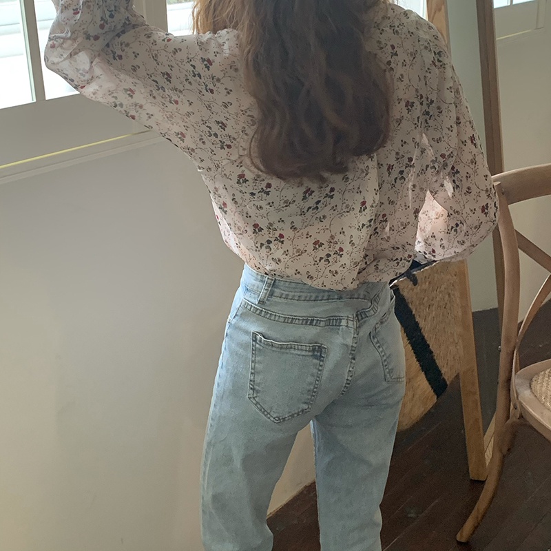 Áo sơ mi SUXI tay dài cổ chữ V in hoa dáng rộng phong cách Hàn Quốc thời trang mùa hè dành cho nữ