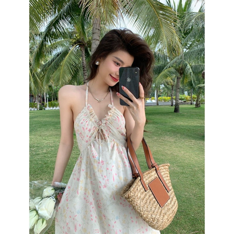 Váy đi biển maxi babydoll dáng dài đầm dự tiệc body cổ yếm sexy hở lưng tôn dáng hoa vintage Hàn Quốc V-19