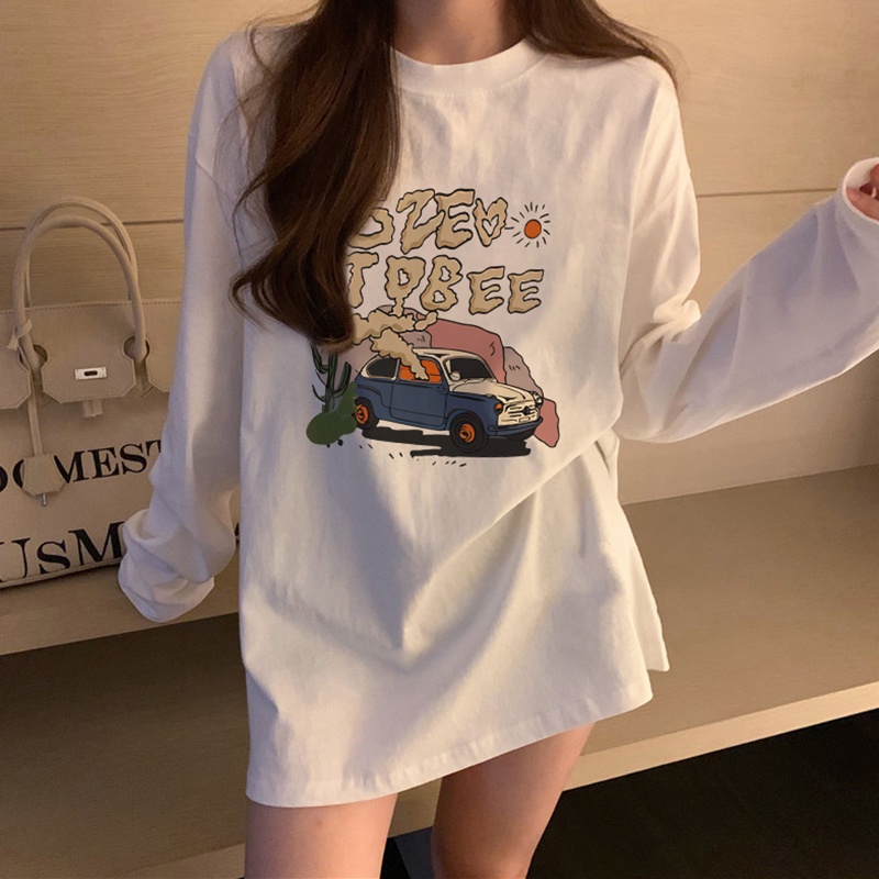 IELGY Áo Thun cotton Tay Dài Dáng Rộng In Họa Tiết Phong Cách Mỹ Thời Trang Cho Nữ