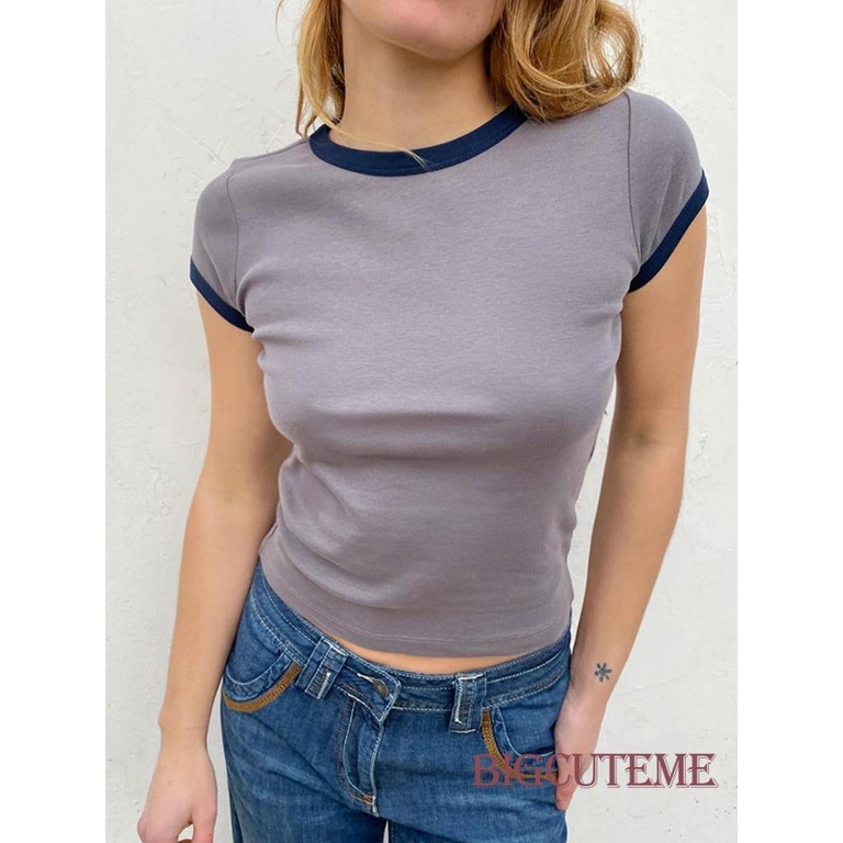Áo Croptop Tay Ngắn Cổ Tròn Màu Sắc Tương Phản Thời Trang Mùa Hè Cho Nữ