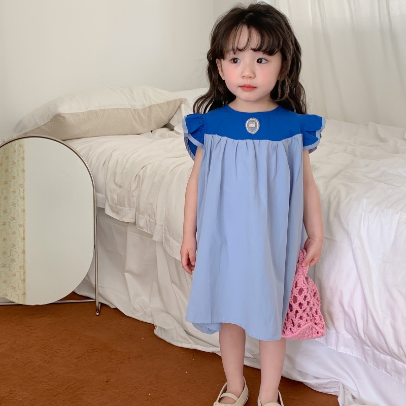 Đầm Dài Cotton Cổ Búp Bê Tay Bay Màu Sắc Tương Phản Phong Cách Hàn Quốc Thời Trang Mùa Hè Ngọt Ngào Cho Bé Gái