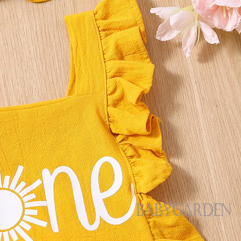 Bộ Áo Liền Quần Tay Bèo In Chữ + Băng Đô Cài Tóc Xinh Xắn Cho Bé Gái 0-24 Tháng Tuổi