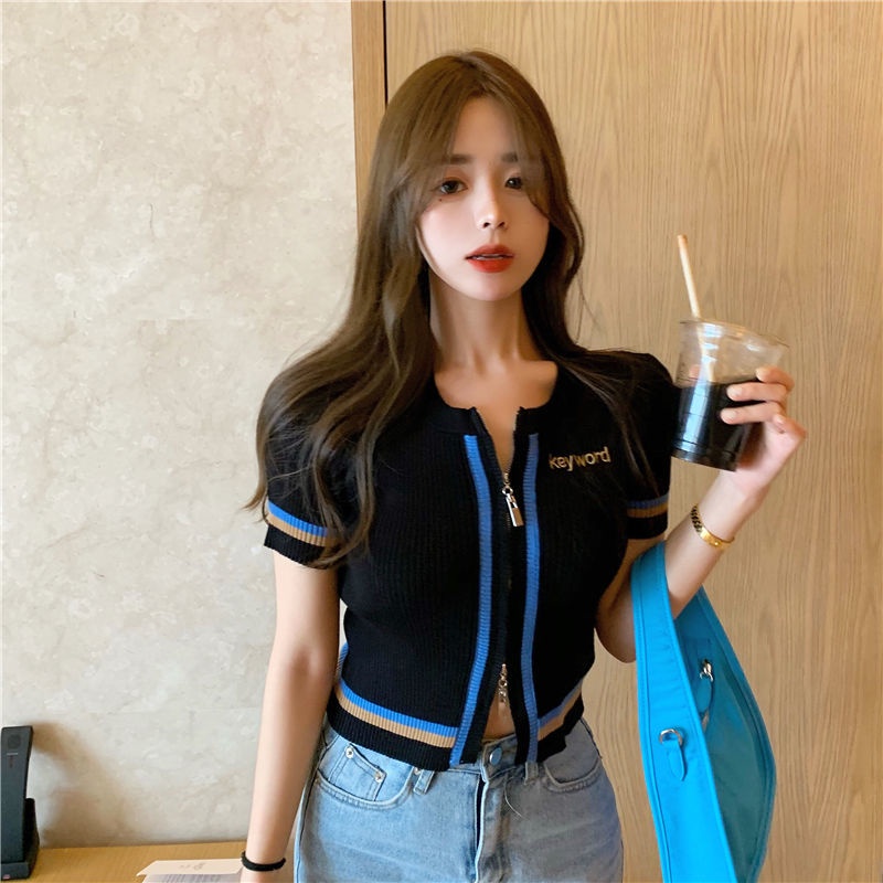 IELGY   Áo Dệt Kim Ôm Dáng Phối Khóa Kéo Đôi Cho Nữ