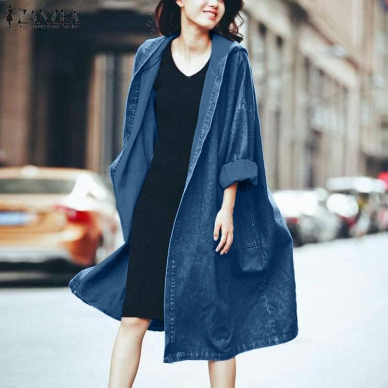 Áo khoác denim ZANZEA tay dài có mũ trùm đầu và túi thời trang dành cho nữ