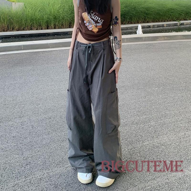 Quần Dài Dáng Suông Rộng Lưng Cao Màu Trơn Có Túi Và Dây Rút Cho Nữ