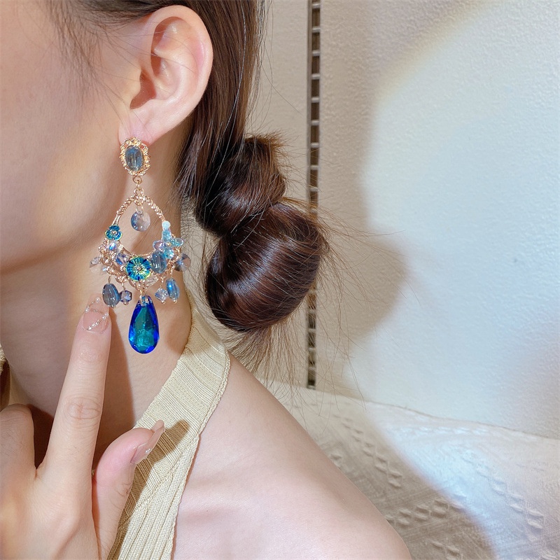 Bông Tai Mạ Bạc Đính Đá Sapphire Phong Cách Baroque Nhật Bản