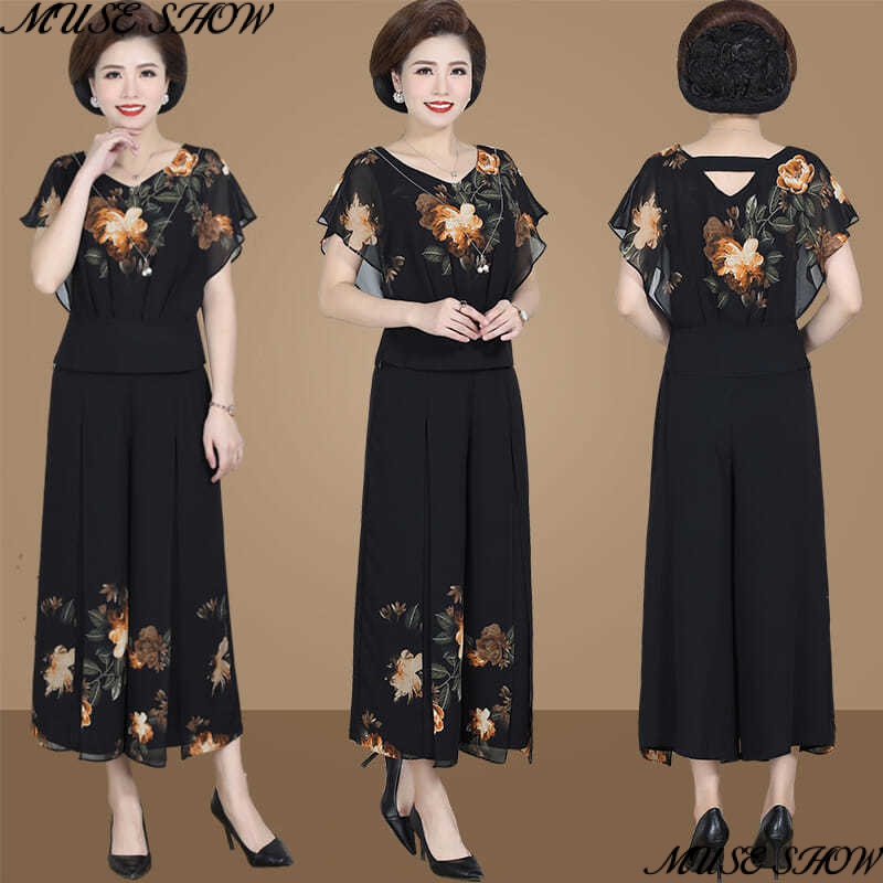 Bộ Áo Sơ Mi Voan + Quần Culottes Rộng Rãi 45 Tuổi Phong Cách Mới Mùa Hè 2023 Cho Phụ Nữ Trung Niên