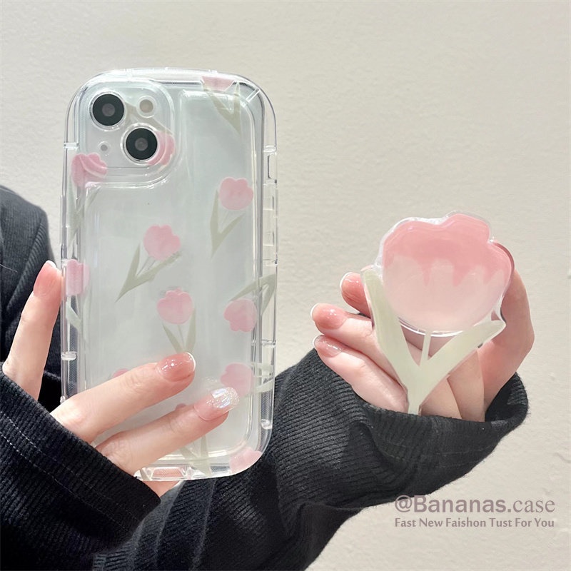 Ốp Điện Thoại Mềm In Hình Hoa Tulip Hồng Có Giá Đỡ Và Dây Đeo Cho iPhone 14 Plus 14 13 12 11 Pro Max X Xr Xs Max 7 8 6 6s Plus