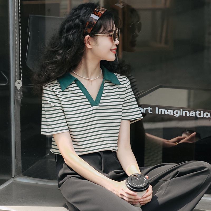 SUXI Áo polo Ngắn Tay Form Rộng Họa Tiết Kẻ Sọc Phong Cách Vintage