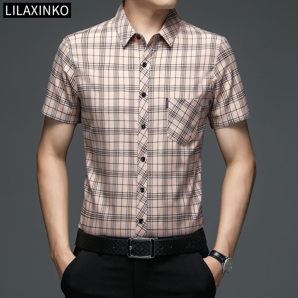 Áo Sơ Mi Cotton Tay Ngắn Có Túi Họa Tiết Sọc Caro 4 Màu Chất Lượng Cao Thời Trang Cho Nam