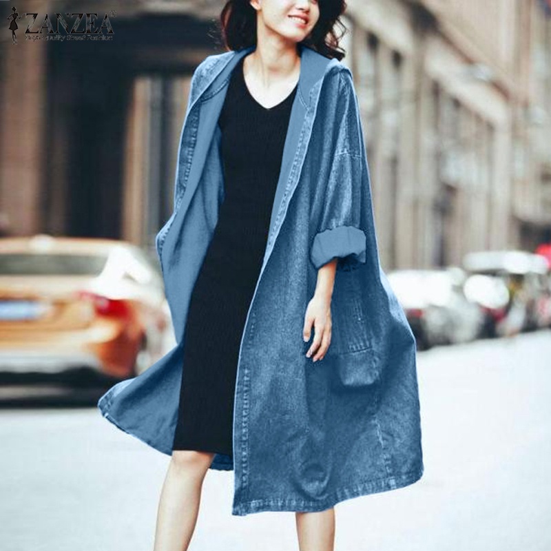 Áo khoác denim ZANZEA tay dài có mũ trùm đầu và túi thời trang dành cho nữ