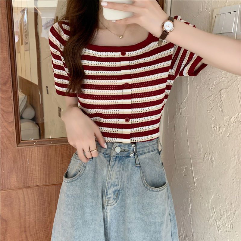 Áo Thun Dệt Kim Ngắn Tay Cổ Vuông Họa Tiết Kẻ Sọc Thời Trang Mùa Hè Mới