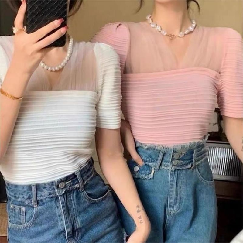 NRVP Áo Thun Nữ Ngắn Tay Màu Trơn Lưng Đẹp Thoải Mái Phong Cách Hàn Quốc