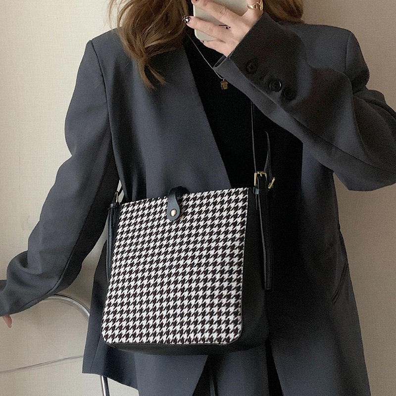 Túi Đeo Chéo Vải canvas Họa Tiết houndstooth Dễ Phối Đồ Thời Trang Cho Nữ