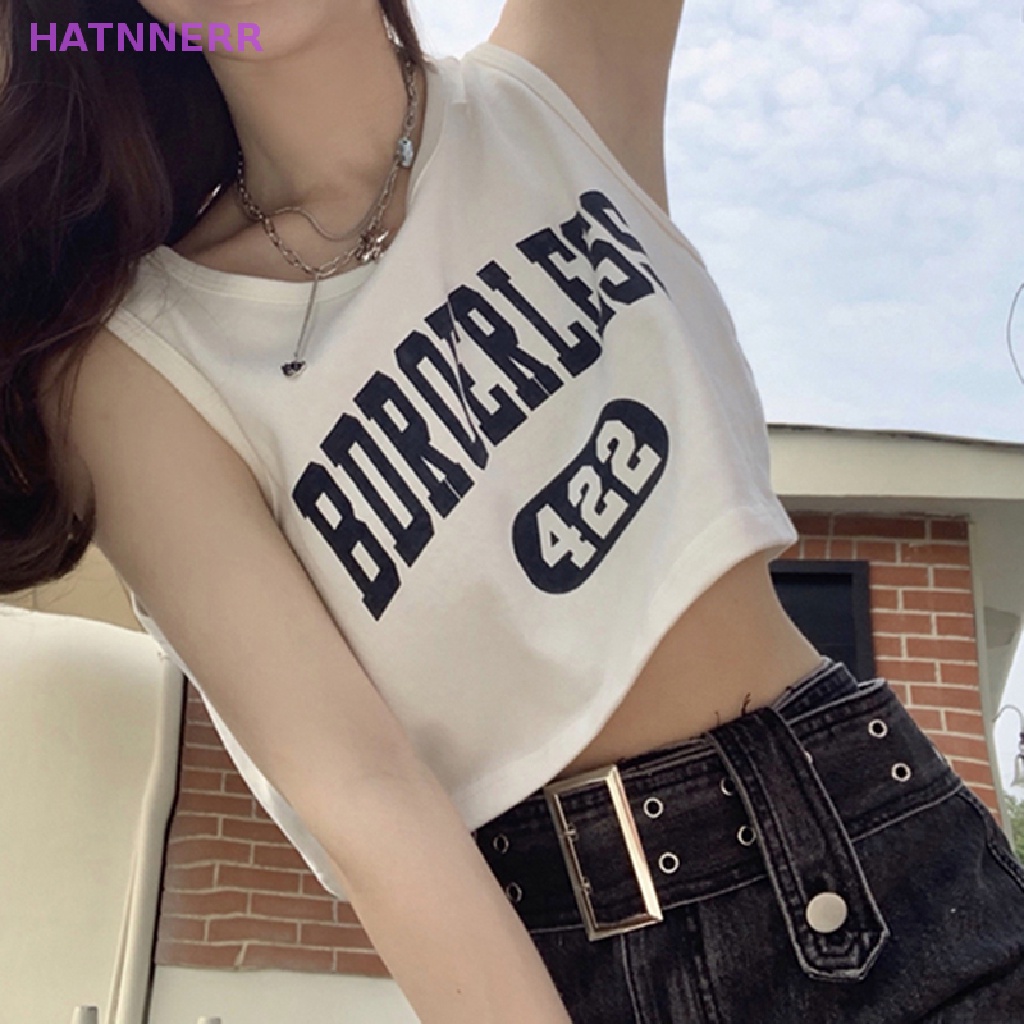Áo Croptop Sát Nách Dáng Rộng Cổ Tròn In Chữ Phong Cách Mỹ Thời Trang Mùa Hè Cho Nữ FHS