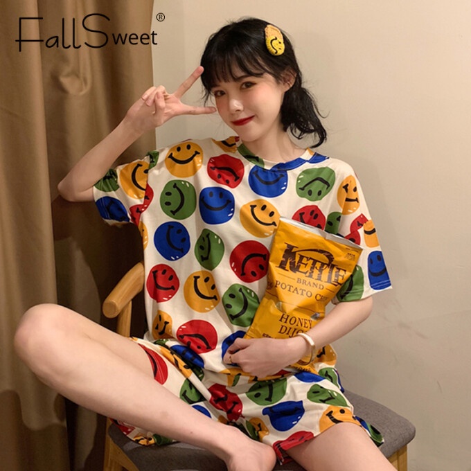 Bộ Đồ Ngủ Tay Ngắn Dáng Rộng In Hoạt Hình Thời Trang Mùa Hè Xinh Xắn Cho Nữ
