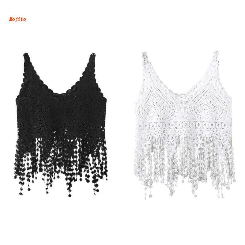 Mojito Áo Croptop Dệt Kim Phối Ren Tua Rua Dài Thời Trang Đi Biển Cho Nữ