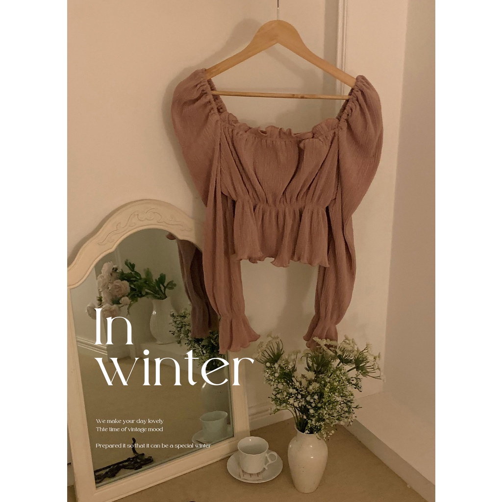 SUXI Áo Sơ Mi Tay Dài Phồng Trễ Vai Màu Trơn Phong Cách Hàn Quốc