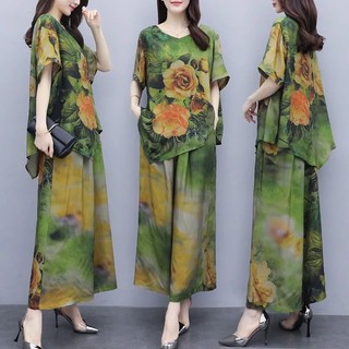 Bộ áo + quần ống rộng in họa tiết thời trang mới mẻ cho nữ