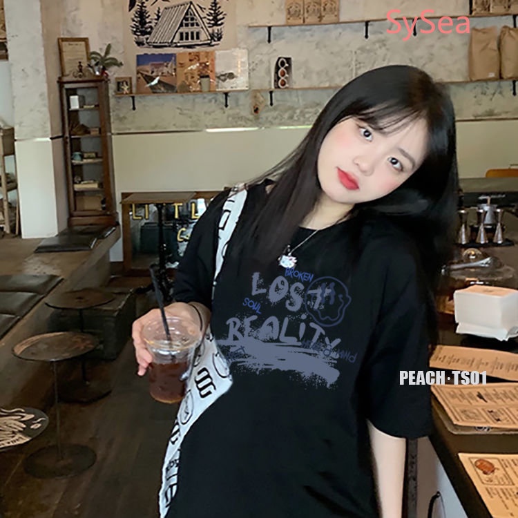 Áo Thun Dáng Rộng Cổ Tròn In Chữ Kiểu Hàn Quốc Thời Trang Mùa Hè Cho Nữ