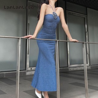 LanLanLo Nữ Màu Trơn Dây Trang Trí Hoa Slim Pháp Bộ Váy Dài
