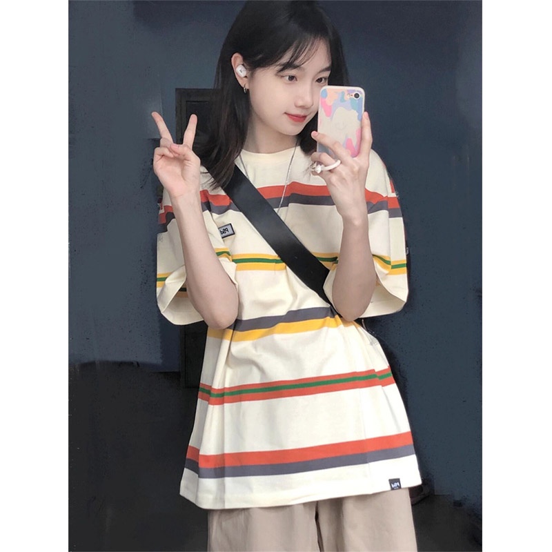 Áo Thun cotton Tay Ngắn Họa Tiết Kẻ Sọc Thời Trang Mới Cho Nữ