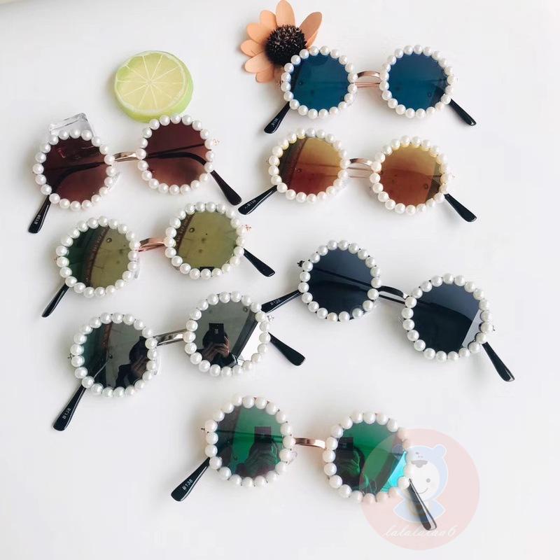 Kính Chống Nắng LAA6-Boys Tròng Tròn Đính Ngọc Trai Chống Tia Cực Tím Phong Cách Retro Cho Nữ