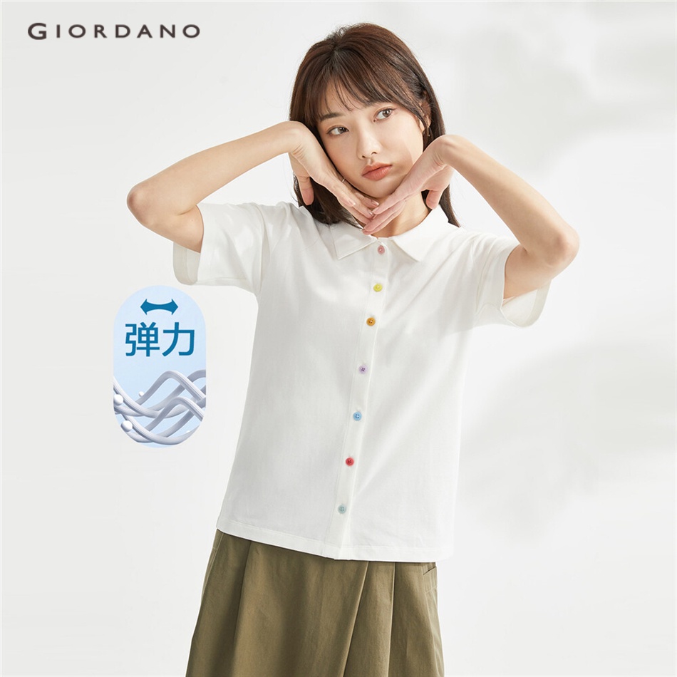 GIORDANO WOMEN Rainbow buttons stretch short sleeve polo shirt 05313389