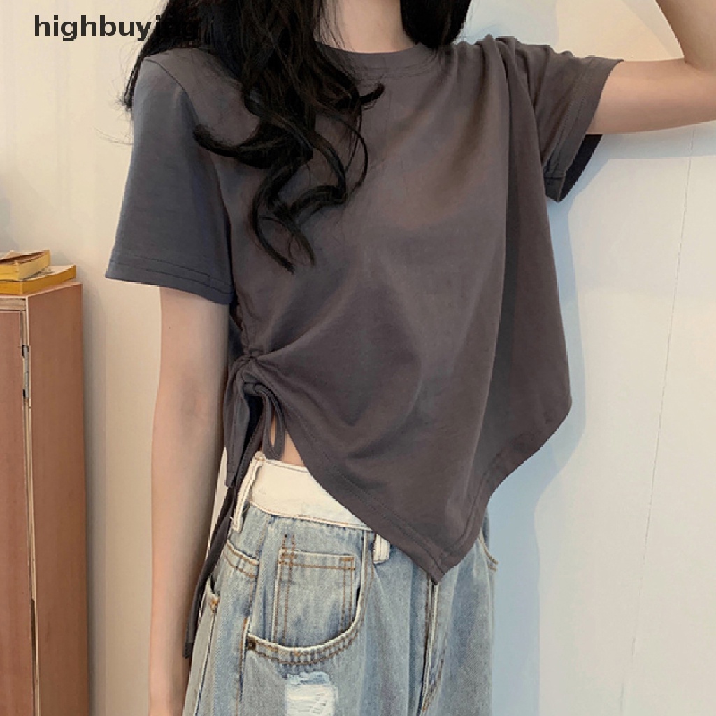 Áo Thun Crop Top Tay Ngắn Cổ Tròn Màu Trơn Phối Dây Rút Thời Trang Mùa Hè Cho Nữ