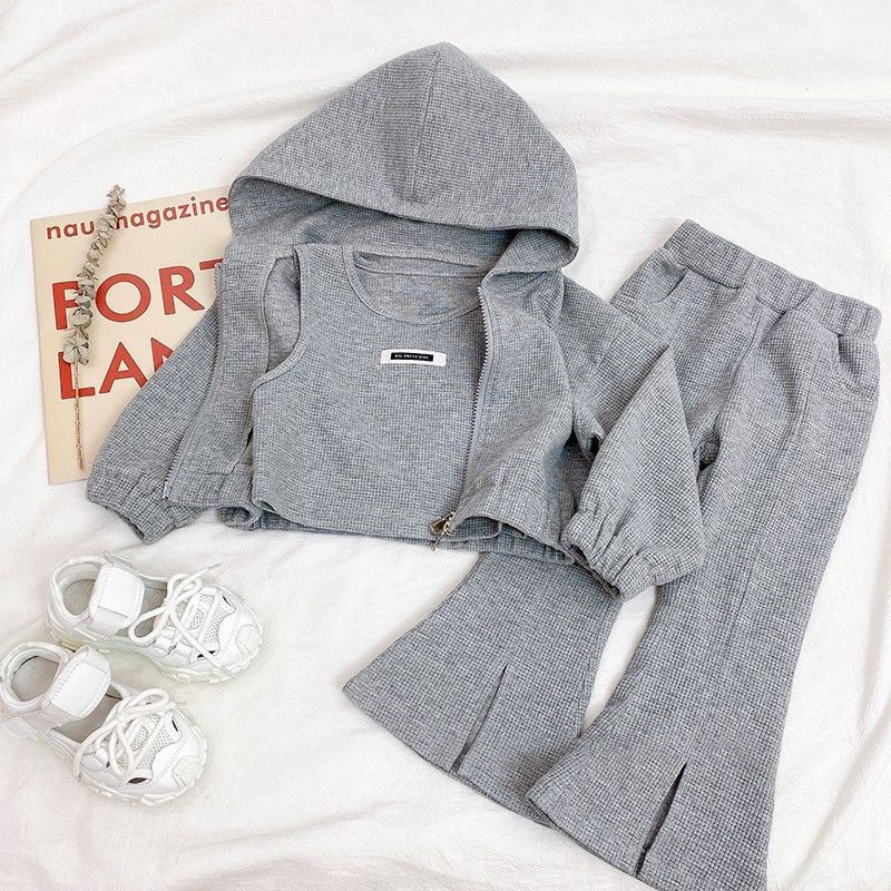 Bộ Trang Phục 3 Món Áo Khoác Có Nón + Áo Tank Top + Quần Ống Loe Thời Trang Xuân Thu 2023 Cho Bé Gái