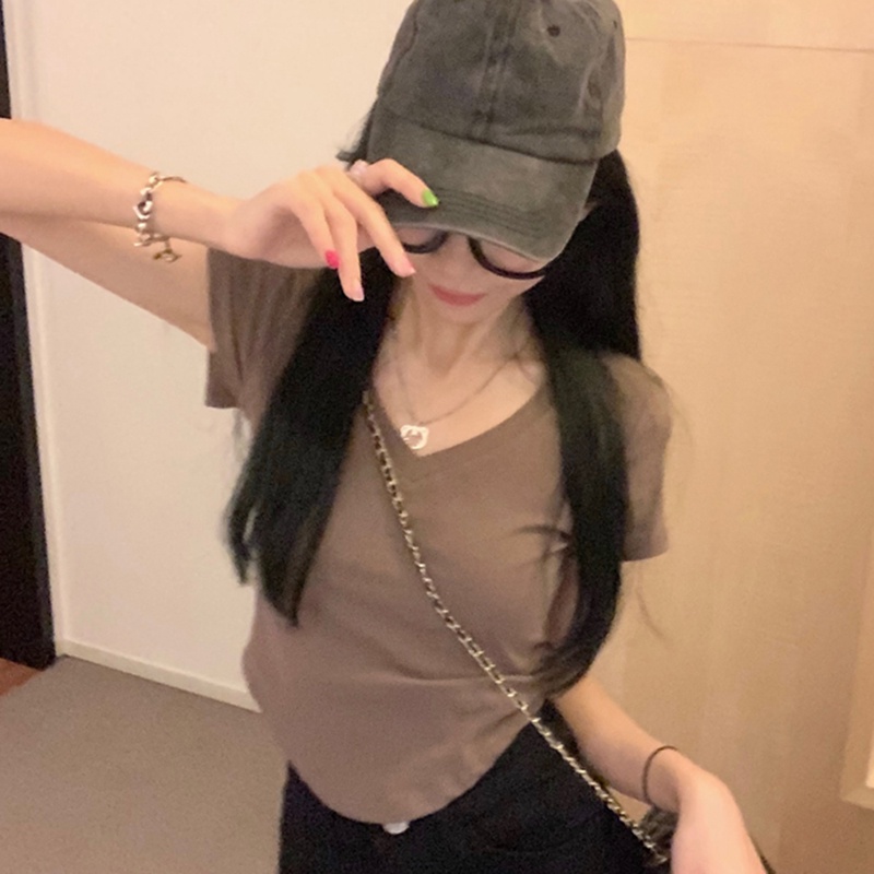 IELGY  Áo Thun Tay Ngắn Cổ Chữ v Phía Trước Phong Cách Mỹ Cho Nữ