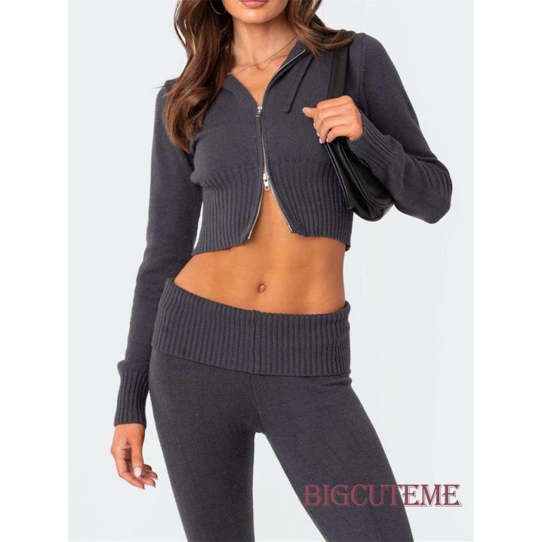 Set Đồ Mùa Thu 2 Món Gồm Áo Tay Dài Có Khóa Kéo + Quần Ống Loe Màu Trơn Cho Nữ