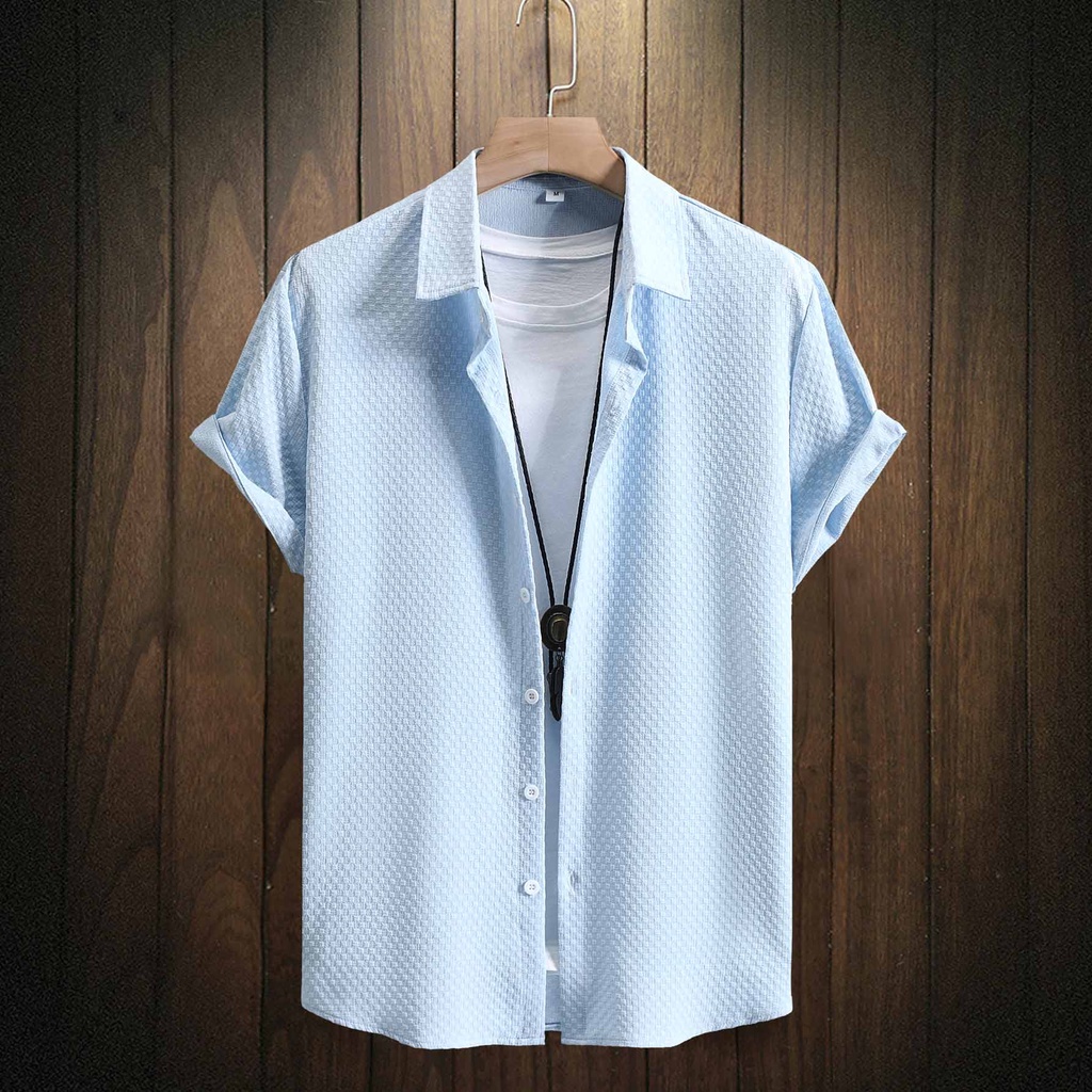 Áo Sơ Mi Polo Tay Ngắn Màu Xanh Nhạt Cài Nút Plus Size Thời Trang Cho Nam