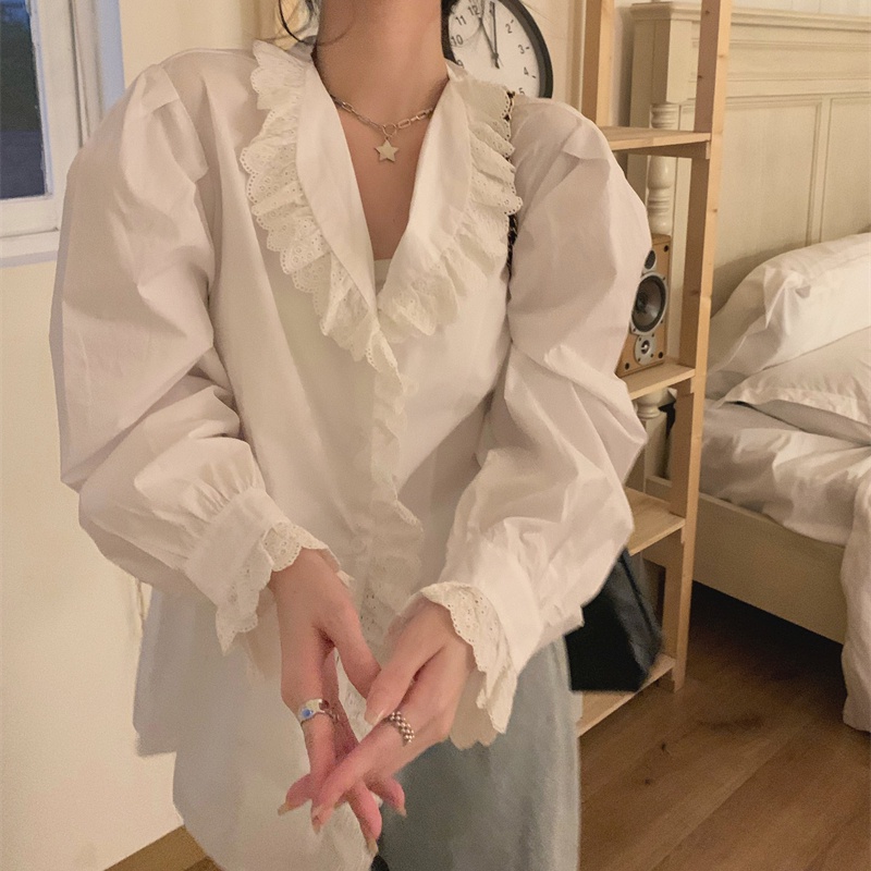 IELGY   Áo Sơ Mi Tay Dài Phối Ren Thời Trang Dành Cho Nữ