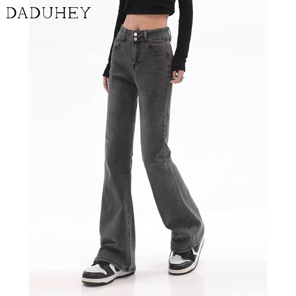 DaDuHey New Korean Version of Elastic Black Gray Jeans High Waist Trousers WOMEN'S Niche Micro Flared Trousers