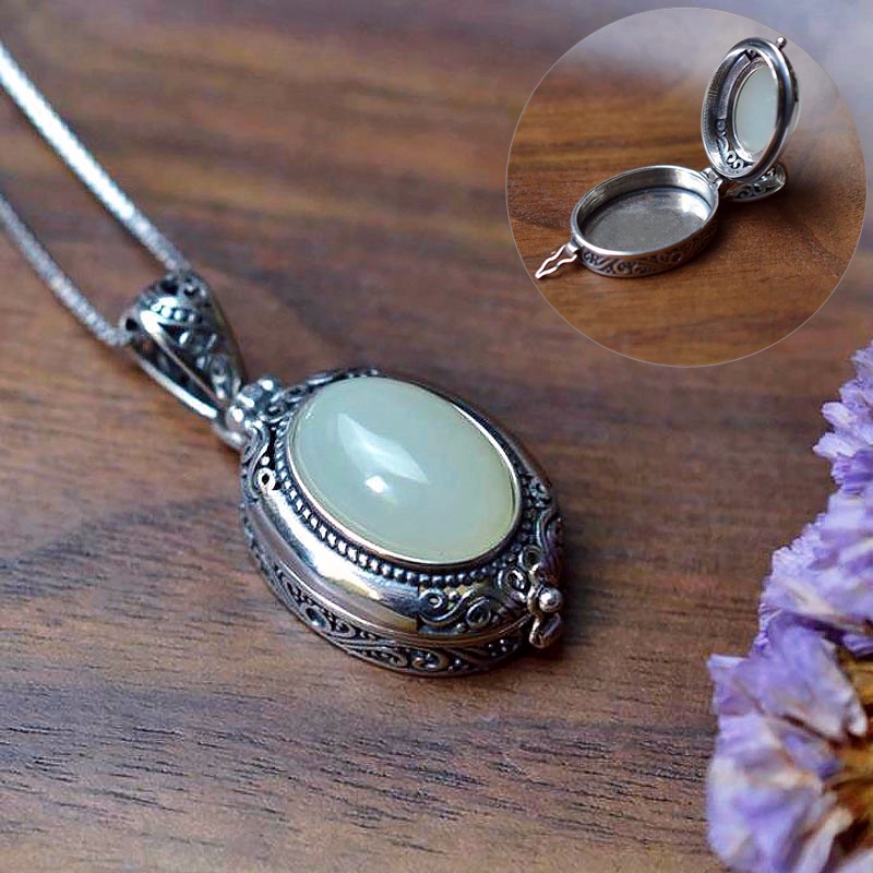 Mặt Dây Chuyền Hình Viên Thuốc Mạ Vàng Trắng Đính Đá Ngọc Bích Phong Cách Vintage