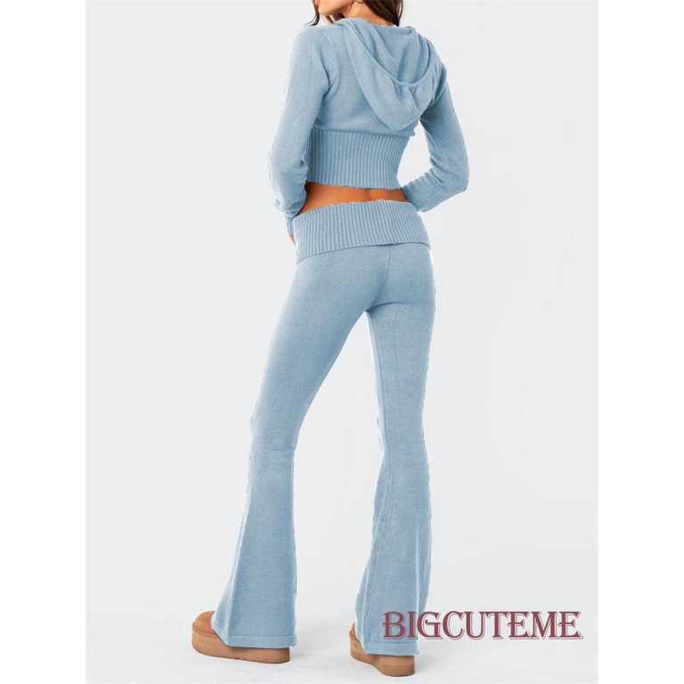 Set Đồ Mùa Thu 2 Món Gồm Áo Tay Dài Có Khóa Kéo + Quần Ống Loe Màu Trơn Cho Nữ