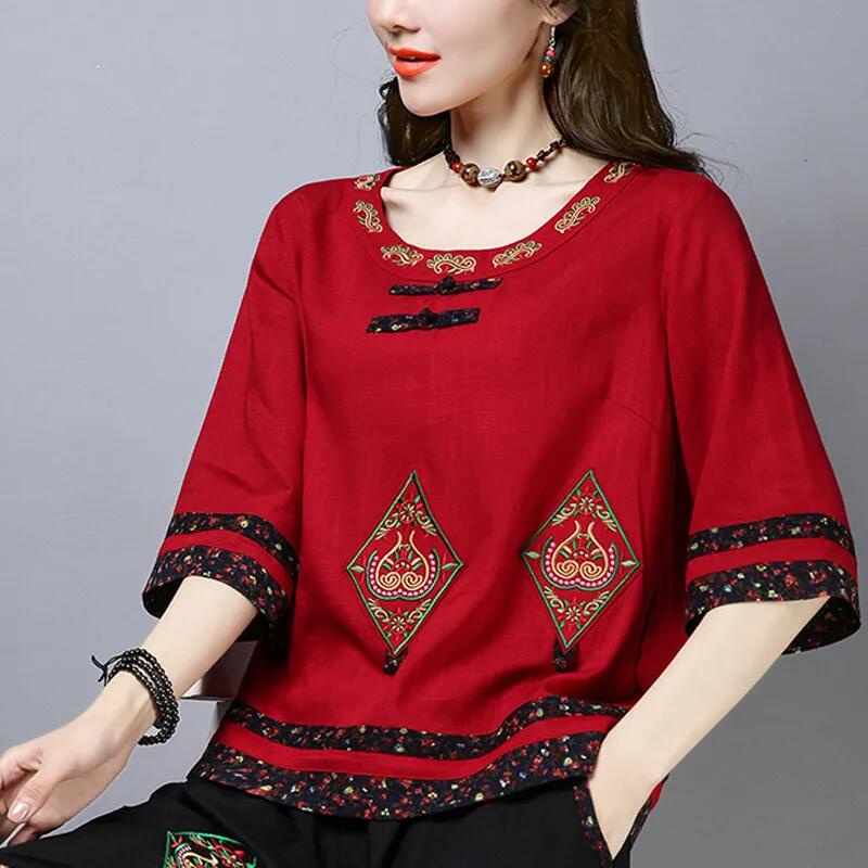 Áo Sơ Mi Cotton Lanh Tay Lửng Dáng Rộng Thêu Họa Tiết Xinh Xắn Thời Trang