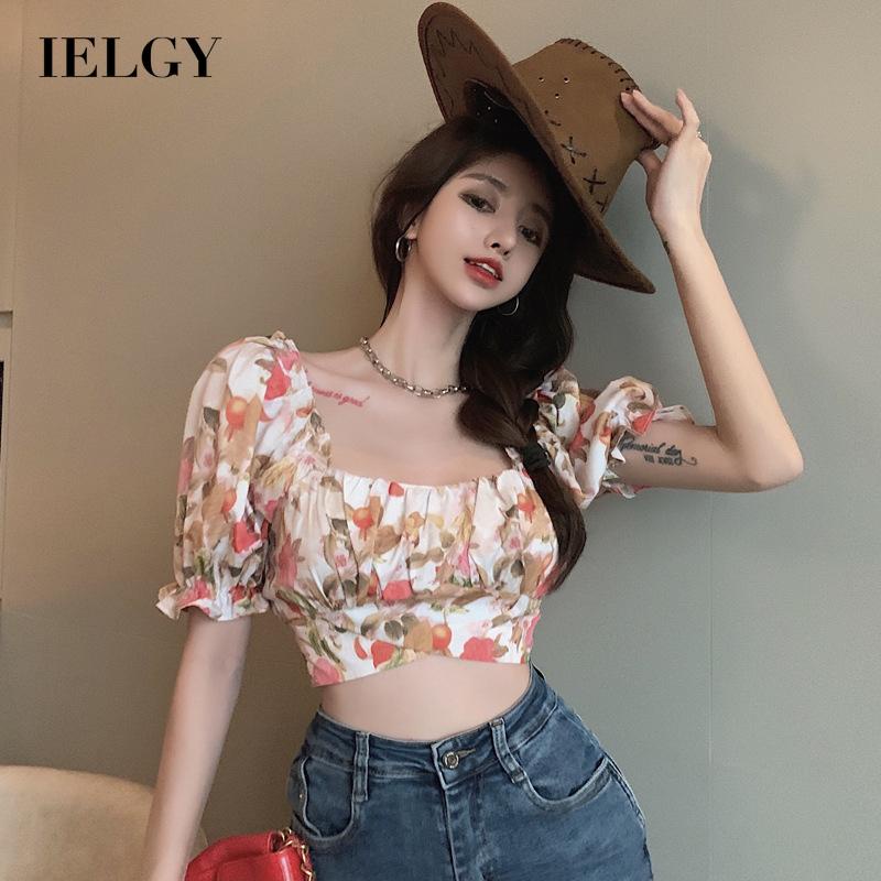 IELGY     Áo Sơ Mi Ngắn Tay Phồng Hở Lưng Thắt Nơ Cá Tính Cho Nữ