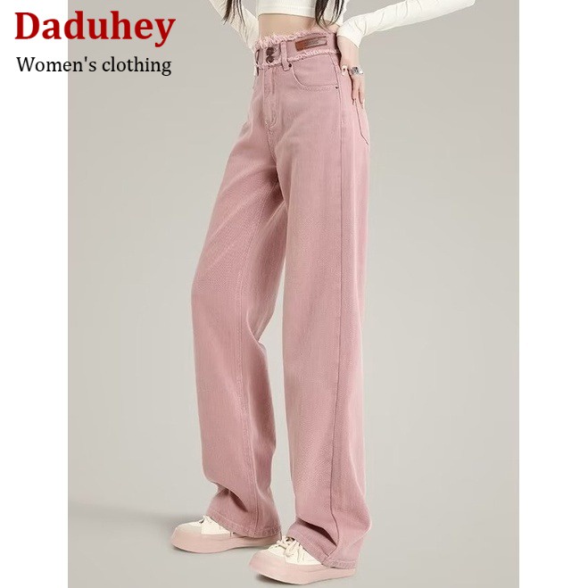 DaDuHey💕 2023 New Korean Version of INS Dirty Pink WOMEN'S Jeans High Waist Loose Wide Leg Pants Niche Trousers