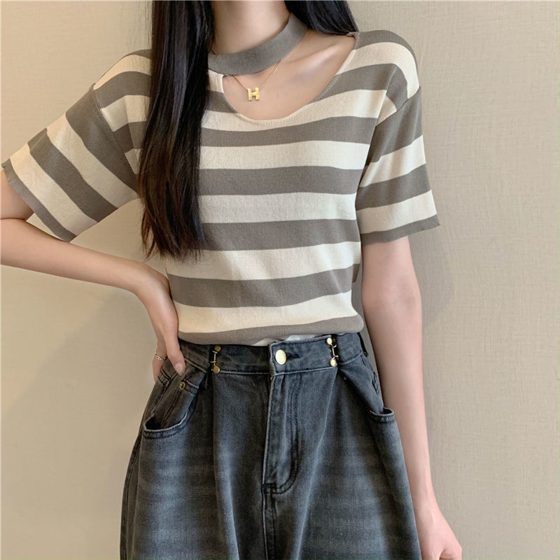 Áo Thun Crop Top Tay Ngắn Cổ Tròn Họa Tiết Kẻ Sọc Thời Trang Mùa Hè 2023 Phong Cách Pháp Mới Cho Nữ