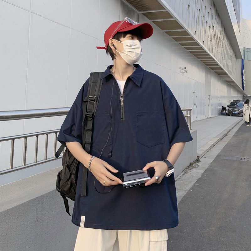 Áo Sơ Mi Tay Lửng Dáng Rộng Màu Trơn Phong Cách Nhật Bản Thời Trang Mùa Hè Cho Nam