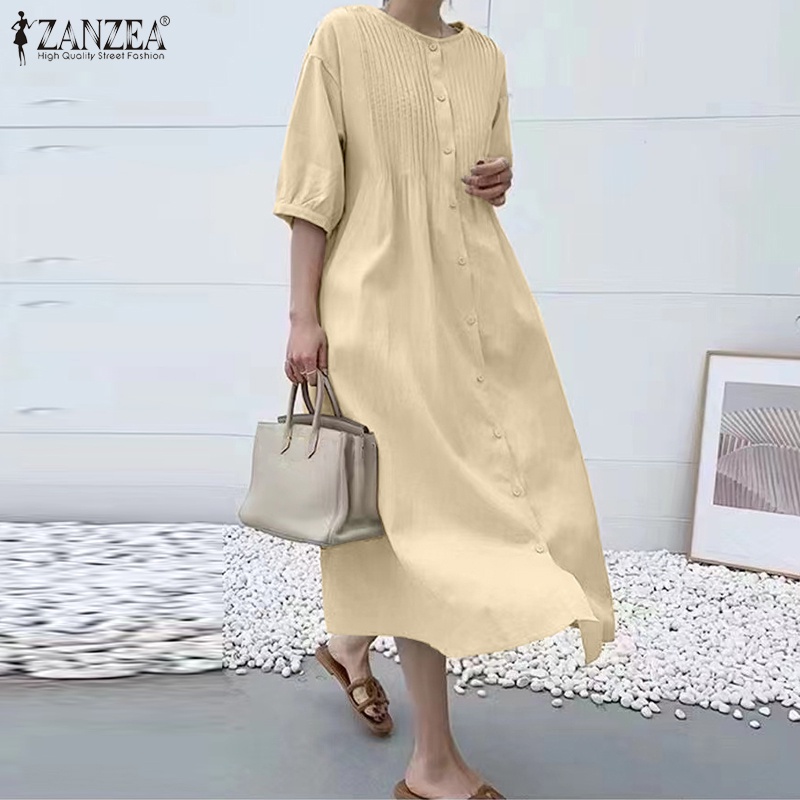 Áo sơ mi ZANZEA tay lỡ 3 / 4 cổ tròn phối túi thời trang cho nữ