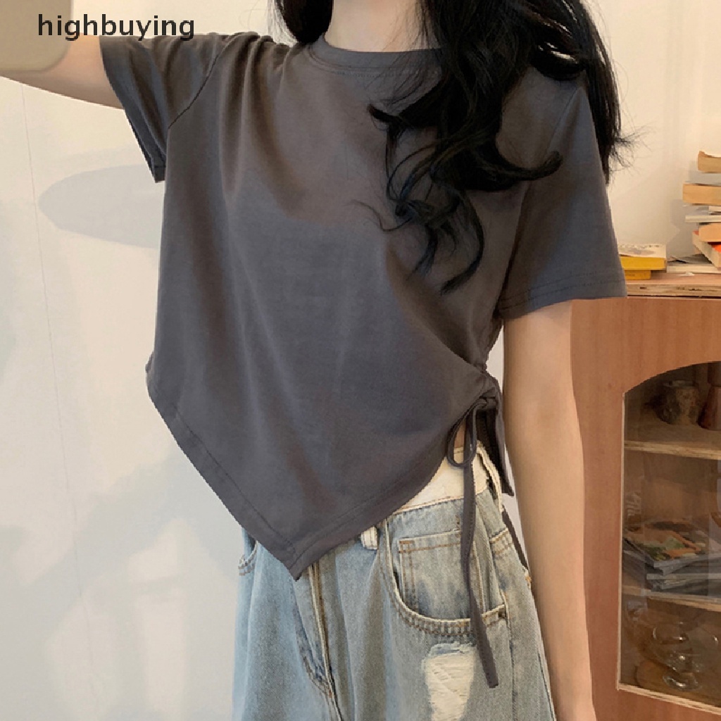 Áo Thun Crop Top Tay Ngắn Cổ Tròn Màu Trơn Phối Dây Rút Thời Trang Mùa Hè Cho Nữ