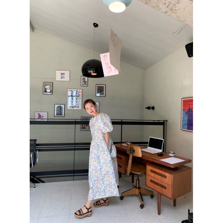 Đầm Dài Dáng Rộng Tay Phồng In Họa Tiết Hoa Đơn Giản Thời Trang Mùa Hè Phong Cách Hàn Quốc Mới